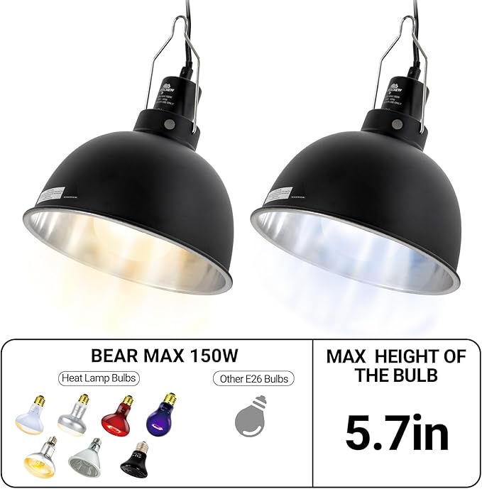 2 Pack Reptile Light Fixture, 8.5in Deep Dome Reptile Lamp Fixture, Optical Reflection Cover, Separate Switche & Hook, Terrarium Light Fixture for Reptile Heat Basking UVB Bulbs, 150W, Black CAVACHEWReptileSupplies