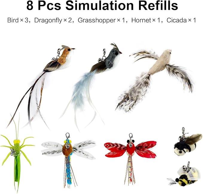 Cat Feather Toys with 1 Suction Cup,2 Cat Wands,8Pcs Birds and Insects Simulation Feather Refills with Bells, Interactive Toys for Indoor Cats and Kitten. - PAWPICO