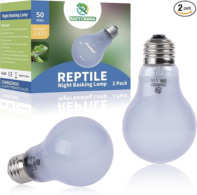 Reptile Night Heat Lamp 2 Pack 50W, Moonlight Heat Lamp for Reptiles & Amphibians, Reptile Night Heat Light for Bearded Dragon, Lizard, Turtle REPTIHOME