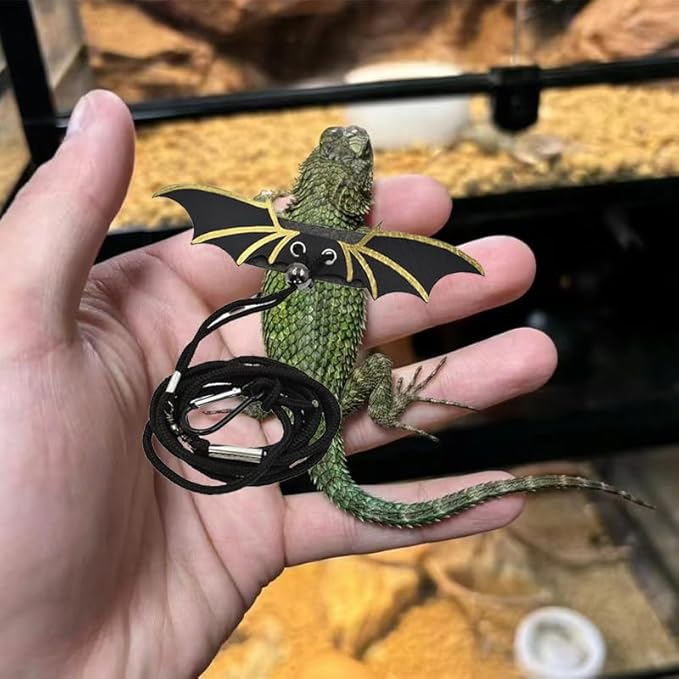 Bearded Dragon Leash - 3 Sizes Pack Reptile Outing Leather Wing Harness for Bearded Dragon Lizard Reptiles (Gold) HOKABLE