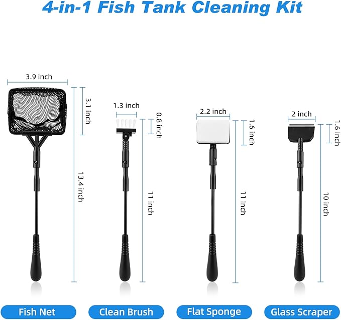 hygger Small Fish Tank Cleaner, Aquarium Cleaning Tools Kit with Handle, Seaweed Scraper, Fishing Net, Sponge Brush,Wall Brush (S) hygger