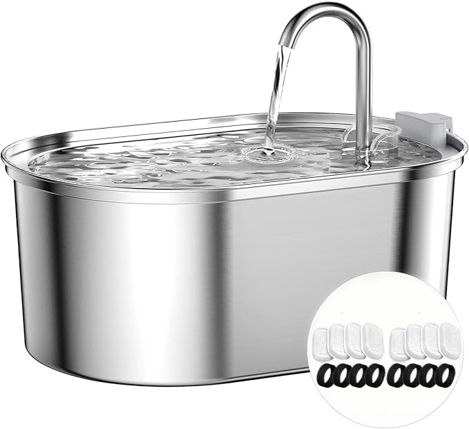 Stainless Steel Cat Water Fountain: 108oz/3,2L Pet Water Fountain with 8 Carbon Filter + 8 Sponge - Cat Fountains for Drinking Dishwasher Safe Design - SOOFPET - PAWPICO