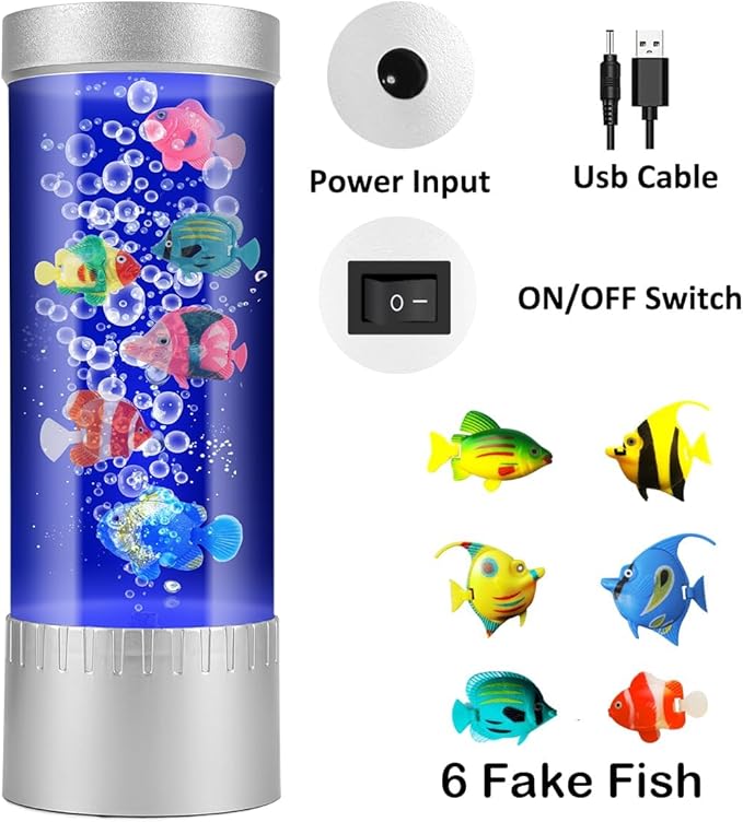 Bubble Fish Lamp with 6 Floating Fake Fish – LED Aquarium Night Light with Moving Fish and Bubbles – Cylindrical Transparent Tank, Perfect for Kids’ Rooms, Offices, and Living Spaces Handsbrain