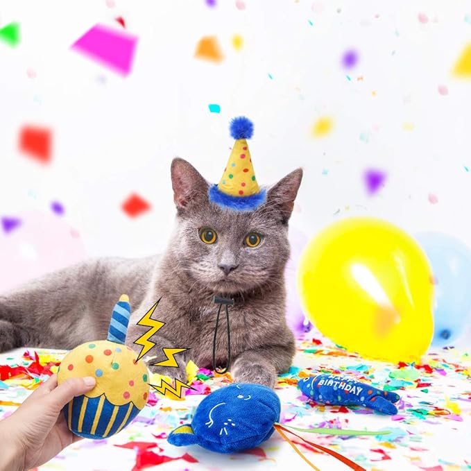BINGPET Cat Birthday Catnip Toys for Indoor Cats,Cat Birthday Hat and Cat Birthday Cake Interactive Plush Kitten Chew Toys,Cute Cake, Fish,Balloon Toys with Crinkle Paper and Catnip Inside Cat Gifts - PAWPICO