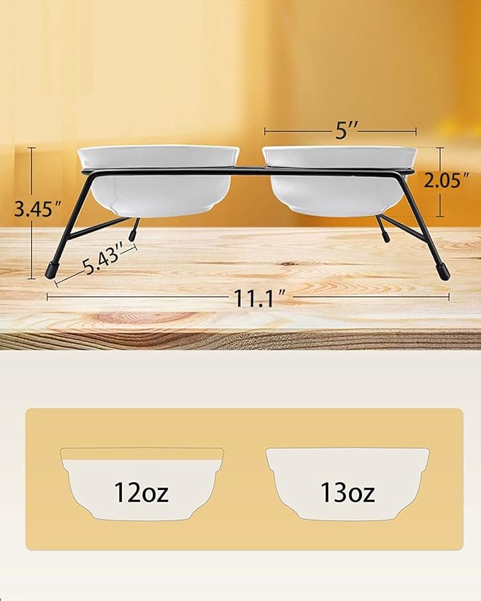 Cat Bowls, Upgraded 13 oz Ceramic Elevated Cat Food Bowls for Food and Water, Raised 2 Cat Dishes with Stainless Steel Stand Non-Slip and Anti-Rust, for Indoor Cats and Small Dog Bowl, Dishwasher Safe - PAWPICO