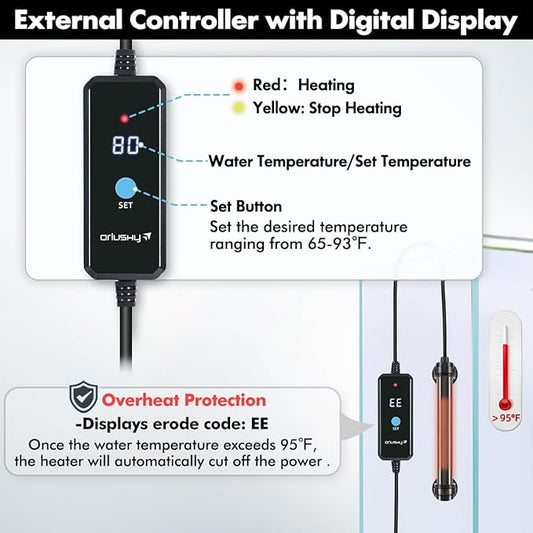 Orlushy 25W Submersible Mini Fish Tank Heater, Adjustable Aquarium Heater with Digital Display External Controller, Overheat Protection and Free Thermometer for 1-5 Gallon Freshwater & Saltwater Tank Orlushy