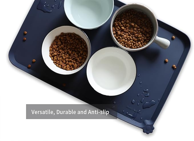Hoki Found L Silicone Pet Food Mats Tray - Non Slip Pet Dog Cat Bowl Mats Placemat - Dog Pet Cat Feeding Mat - Waterproof Dog Cat Food Mats -Pet Water Mats for Carpet -French Navy - PAWPICO