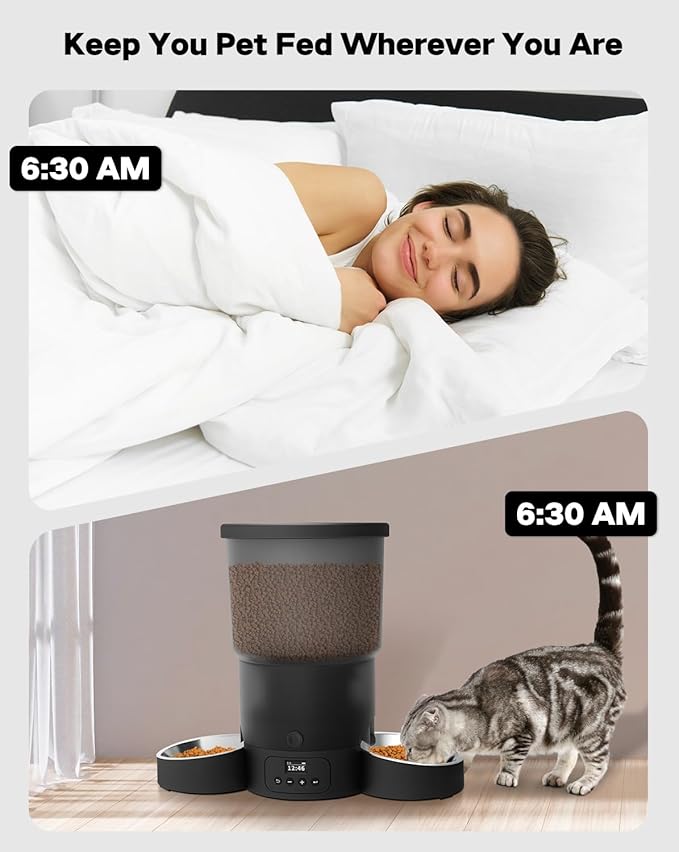 SURDY Automatic Cat Feeder for 2 Cats, 3L Cat Food Dispenser Auto Cat Feeder with 2 Stainless Bowls, 10s Meal Call Dual Power Supply and Timer Setting 12 Portions 6 Meals Per Day for Cats (Black, 5L) - PAWPICO