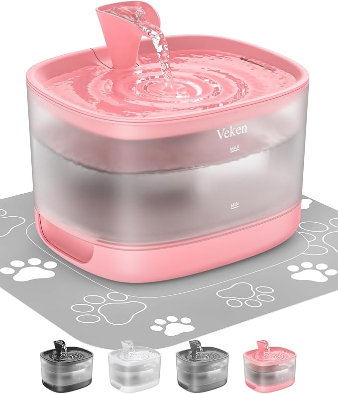 Veken Cat Water Fountain, 84oz/2.5L Automatic Pet Water Fountain Dog Water Dispenser with a Detachable Water Tank, Easy Cleaning for Cats, Dogs (Pink) - PAWPICO