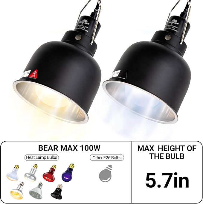 2 Pack Reptile Light Fixture, 5.5in Deep Dome Reptile Lamp Fixture, Optical Reflection Cover, Separate Switche & Hook, Terrarium Light Fixture for Reptile Heat Basking UVB Bulbs, 100W, Black CAVACHEWReptileSupplies
