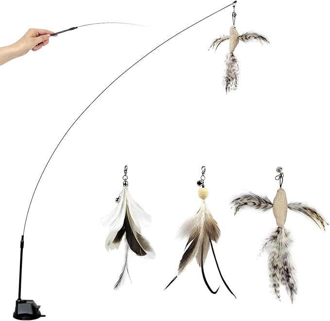 Cat Wand Toys with Suction Cup, Interactive Bird Simulation Cat Toy Set,Cat Teaser Cat Toys,Flexible Steel Wire and 3Pcs Replacement Feather Refills with Bells. - PAWPICO