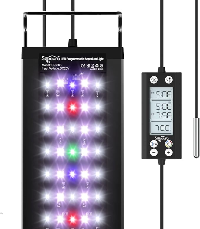 24/7 Auto On/Off Aquarium Light, Programmable Led Aquarium Light with Thermometer, Fish Tank Light with Full Spectrum+7 Single Color, WRBG DIY Color, for 48-54 Inch Planted Tank, 48W SEAOURA