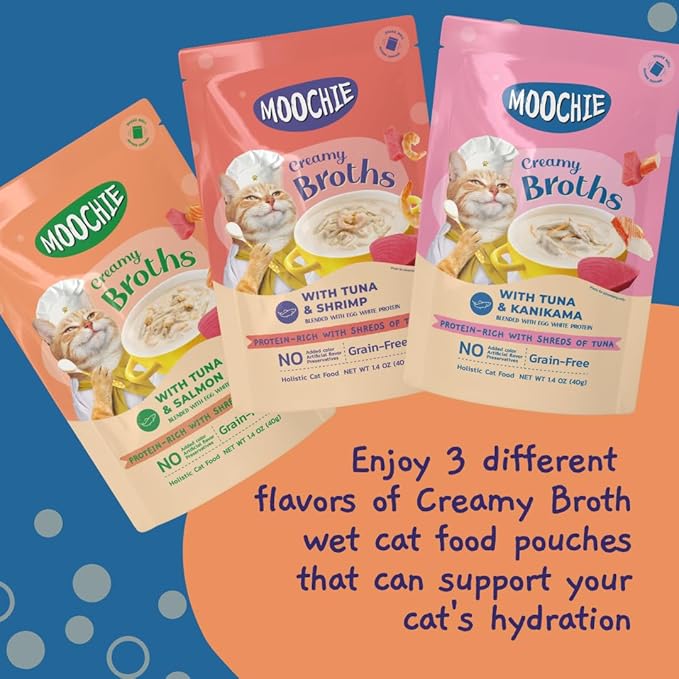 MOOCHIE Grain Free Creamy Seafood Multipack Cat Broth - Real Salmon, Shrimp, Kanikama - No Artificial Flavors or Preservatives - 16 x 1.4 oz Pouch - PAWPICO