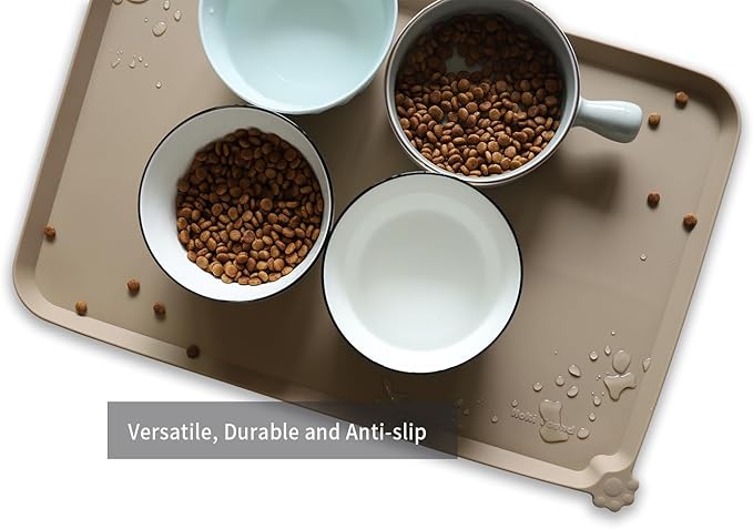 Hoki Found L Silicone Pet Food Mats Tray - Non Slip Pet Dog Cat Bowl Mats Placemat - Dog Pet Cat Feeding Mat - Waterproof Dog Cat Food Mats -Pet Water Mats for Carpet - Tan - PAWPICO