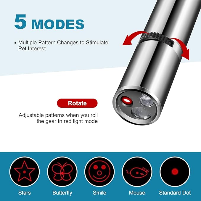 Cowjag Cat Toys, Laser Pointer with 5 Adjustable Patterns, USB Recharge Laser, Long Range and 3 Modes Training Chaser Interactive Toy, Dog Laser Toy - PAWPICO