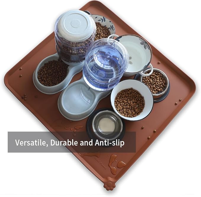 Hoki Found XX-Large Silicone Pet Food Mats Tray - Non Slip Pet Dog Cat Bowl Mats Placemat - Dog Pet Cat Feeding Mat - Waterproof Dog Cat Food Mats -Pet Water Mats for Carpet - Caramel - PAWPICO