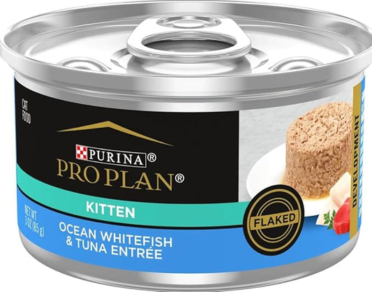 Pro Plan Wet Kitten Cat Food Entree 3 Flavor 6 Can Sampler Bundle: (2) Salmon Ocean Whitefish, (2) Chicken & Liver, and (2) Ocean Whitefish Tuna (3 Ounces) with a Catnip Mouse Toy - PAWPICO