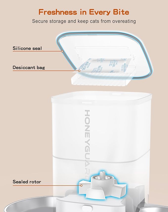 HoneyGuaridan Automatic Cat Feeder for Two Cats,3.5L Cat Food Dispenser with Stainless Steel Bowl,Timed Cat Feeder Programmable 1-6 Meals Control, Dual Power Supply,Desiccant Bag,10s Meal Call Whit - PAWPICO