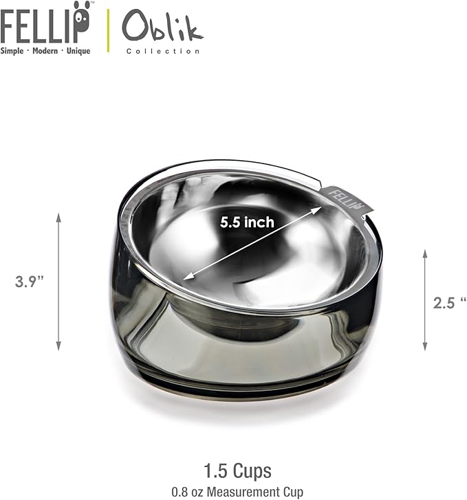 Felli Pet Oblik Spill Proof Dog Food Water Bowl Raised Acrylic Cone, Stainless Steel Tilted Oval Dish Pet Friendly, Slanted Metal Plate Feeder Elevated for Small Medium Size Dog (1.5Cup, Smoky) - PAWPICO