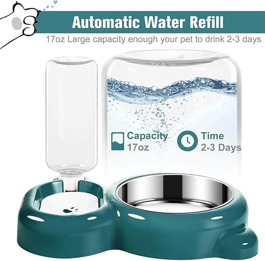 Dog Bowls, Cat Food and Water Bowl Set with Water Dispenser and Stainless Steel Bowl for Cats and Small Dogs - Dark Green - PAWPICO