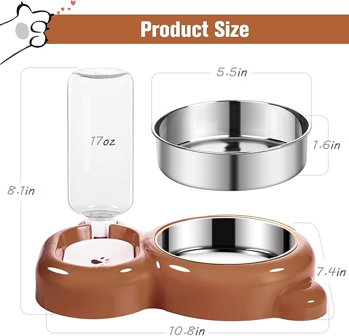 Dog Bowls, Cat Food and Water Bowl Set with Water Dispenser and Stainless Steel Bowl for Cats and Small Dogs - Brown - PAWPICO