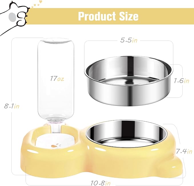 Dog Bowls, Cat Food and Water Bowl Set with Water Dispenser and Stainless Steel Bowl for Cats and Small Dogs - Yellow - PAWPICO