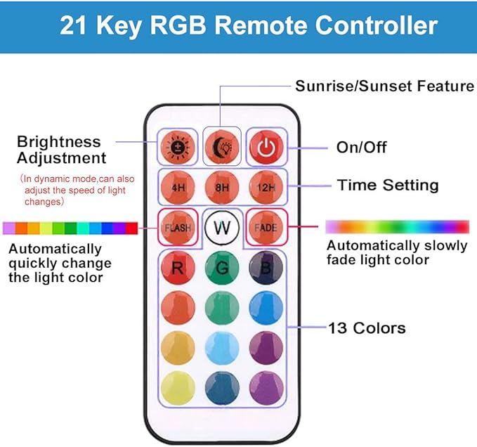 VARMHUS Submersible LED Aquarium Light,Fish Tank Light with 3 Stage Timer Auto Turn On/Off and Remote Controller Custom Adjusts 13 Colors and Brightness,24/7 Cycle RGB-15'' VARMHUS