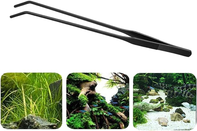 15 inch Black Curved Aquarium Tweezers Stainless Steel Curved Tweezer with Carbonation Protection Coating Against Rust Long Reptiles Feeding Tongs for Aquatic Plants Lizards Spider Snakes EvaGO