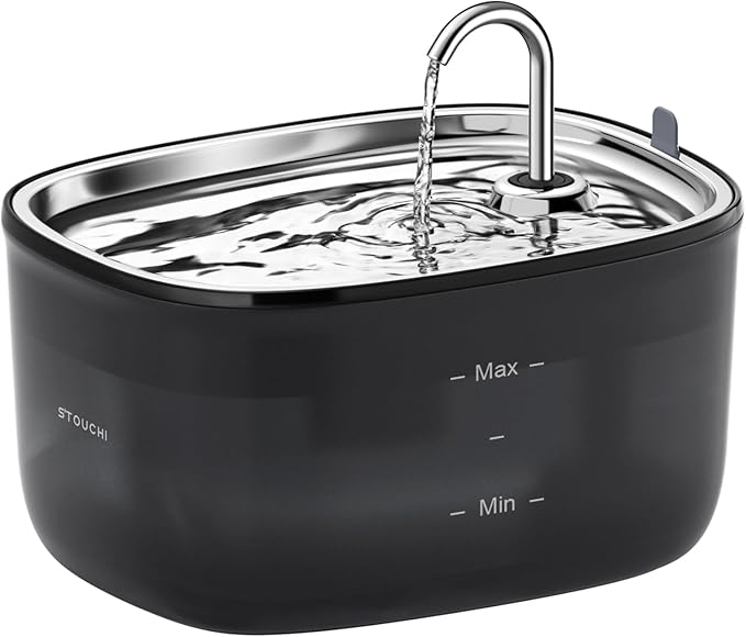 Stouchi Cat Water Fountain 85oz/2.5L, Stainless Steel Faucet Pet Water Fountain for Cats Inside with Led Light, Automatic Cat Water Dispenser Bowl, Cat Waterer Fountain for Multiple Pets, Black - PAWPICO