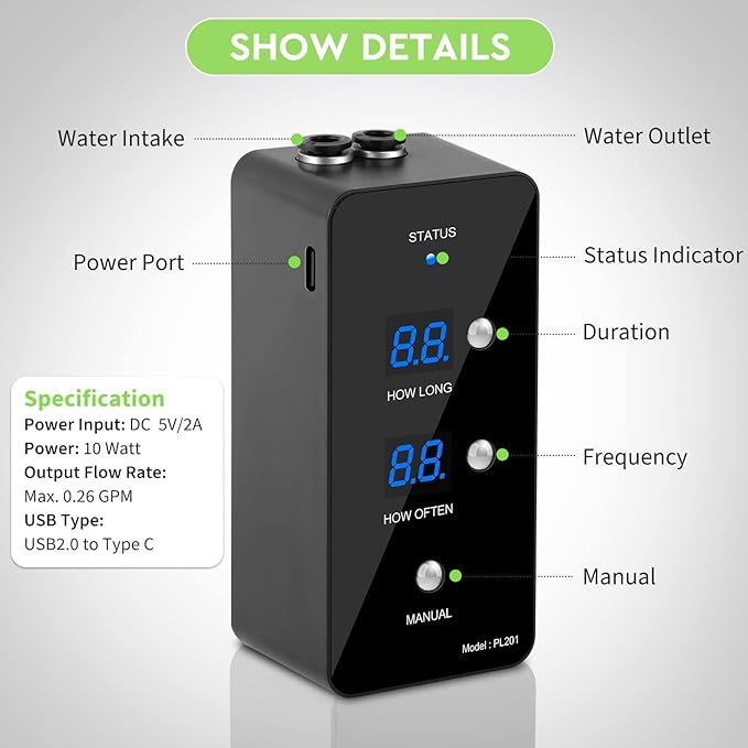 Moistenland Reptile Humidifier, Misting System for Reptile Terrariums, Automatic Misting System with Adjustable Spray Nozzles, Black Moistenland