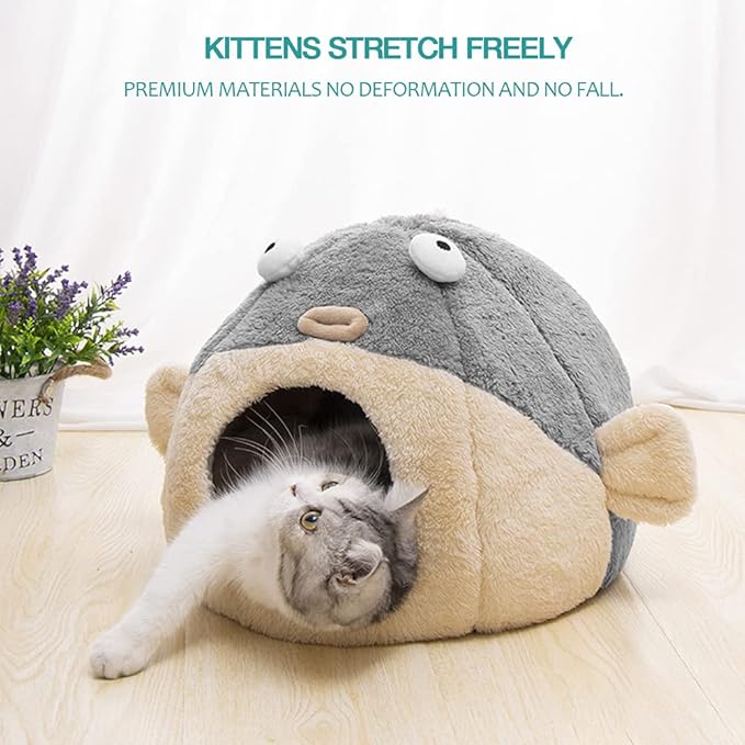Cat Beds for Indoor Cats - Cat Bed Cave with Removable Washable Cushioned Pillow, Soft Plush Premium Cotton No Deformation Pet Bed, Lively Pufferfish Cat House Design, Grey, Multiple Sizes(S) - PAWPICO