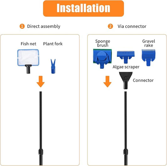 AQUANEAT Aquarium Cleaning Tools, Fish Tank Cleaning Kit with Adjustable Long Handle, 5 in 1 Tools Including Fish Net, Algae Scraper (Adjustable) Aquaneat