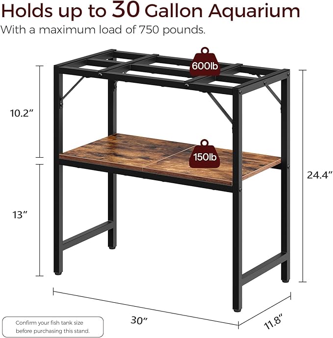 30 Gallon Fish Tank Stand, Aquarium Stand with 2-Tier Storage Shelves, Heavy Duty Breeder Turtle Terrarium Stand Rack for Home Office, 30.0" L x 11.8" W x 24.4" H, Rustic Brown FTHR3001 MAHANCRIS