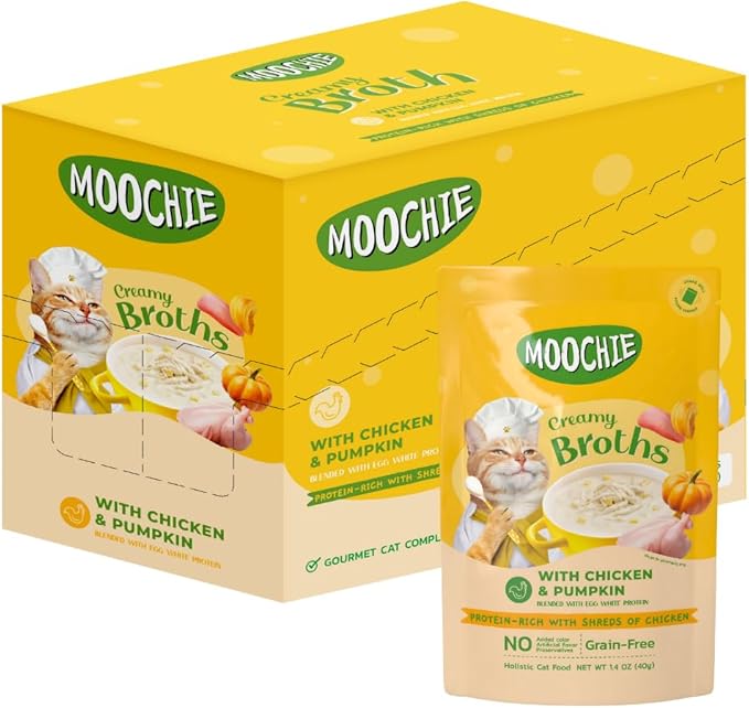 MOOCHIE Grain Free Creamy Broth for Cats - Made with Real Chicken & Pumpkin - No Artificial Flavors or Preservatives - 16 x 1.4 oz Pouch - PAWPICO