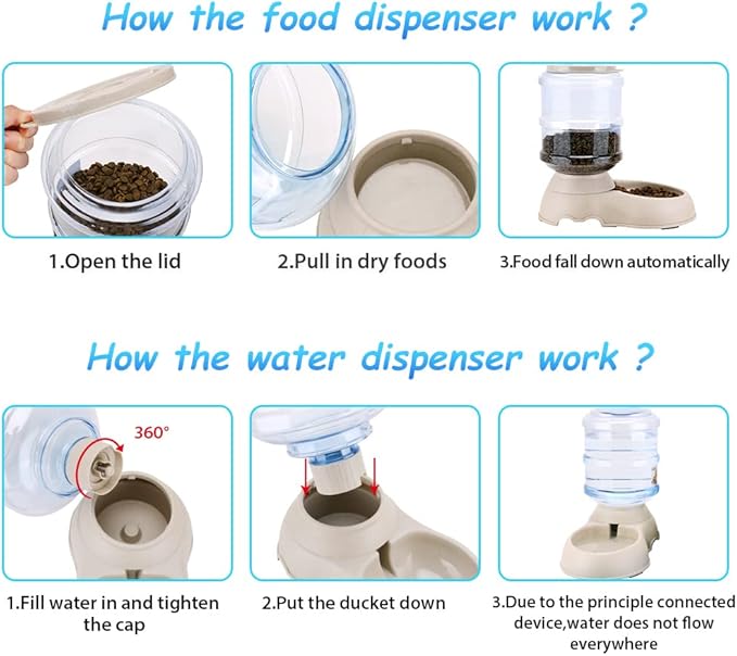 2 Pack Automatic Cat Feeder and Water Dispenser in Set Pet Food Bowl for Small Medium Dog Pets Puppy Kitten Big Capacity 1 Gallon x 2 (Cream) - PAWPICO
