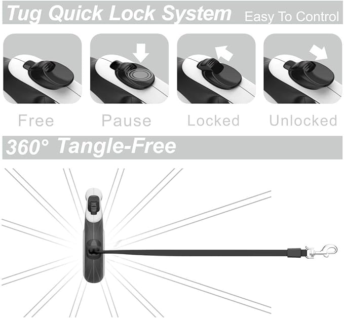 TUG Tiny 360° Tangle-Free Retractable Dog Leash with Anti-Slip Handle | 10 ft Nylon Tape| One-Handed Brake, Pause, Lock (White) TUG