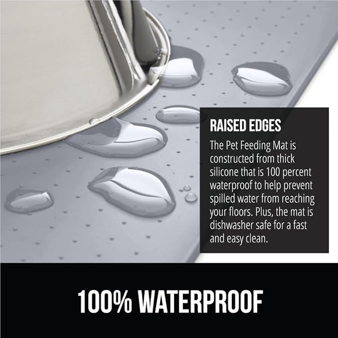 Gorilla Grip 100% Waterproof Raised Edge BPA Free Silicone Pet Feeding Mat, Dog Cat Food Mats Contain Spills Protects Floors, Placemats for Cats, Dogs Water Bowl, Pets Accessories 16x10, Light Gray - PAWPICO
