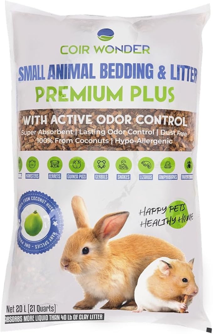 Small Animal Bedding & Litter - 20 Liter - with Activated Charcoal Odor Control - Coco Chip Substrate for Rabbit, Hamster - Reptile Terrarium for Snakes, Dragon Lizards & Turtle, Tortoise CoirWonder