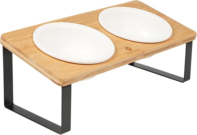 Sunhoo Ceramic Elevated Cat Bowls, Raised Puppy Dishes for Food and Water, Tilted Bamboo Stand for Anti Vomiting, Indoor 5.5 inch Wide Double Dish Orthopedic Anti-Vomiting (Wood Color) - PAWPICO