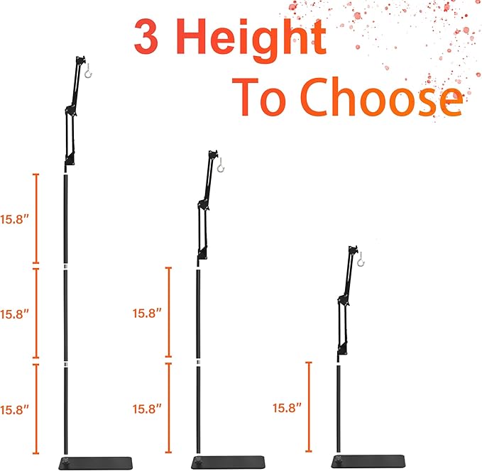 Reptile Heat Lamp Stand Adjustable Height 15.7inch to 67.1inch Tall With 360°Swing Arm Durable Light Fixture Stand for Bearded Dragon Puppies Turtle Chicken JUNWSHUI