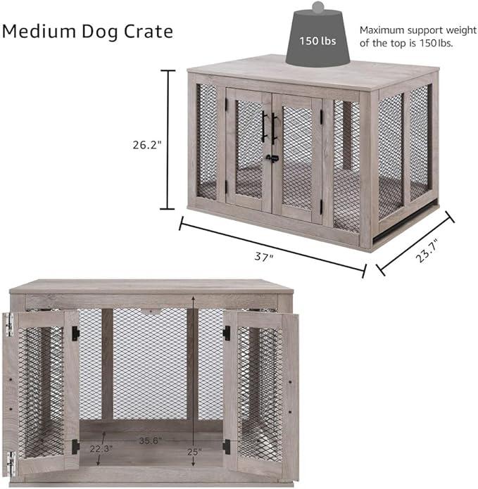 unipaws Dog Crate Furniture, Wooden Dog Kennel for Medium Breed, Indoor Decorative Wood Dog Cage, Inside Side End Table Crate with Removable Tray and Dog Bed, Dog Enclosure, for Dogs Up to 40 lbs - PAWPICO