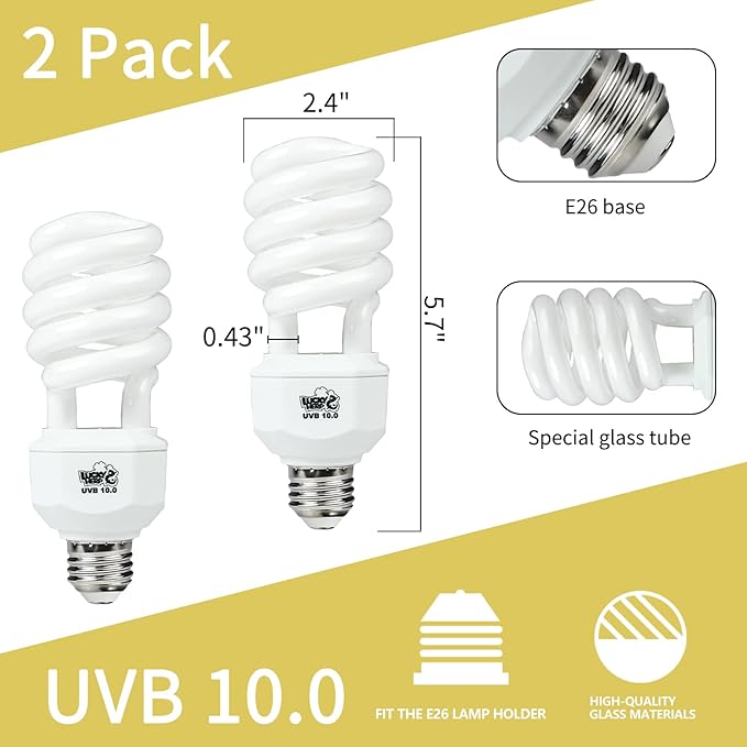LUCKY HERP 2 Pack UVA UVB Reptile Light, 23W 10.0 UVB Bulb for Desert Reptiles, Compact Fluorescent Terrarium Lamp, Reptile UVB Bulb for Bearded Dragon, Lizard, Tortoise LUCKYHERP