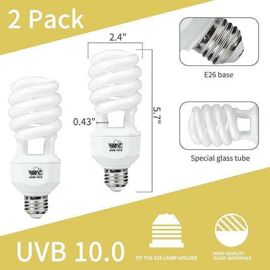LUCKY HERP 2 Pack UVA UVB Reptile Light, 23W 10.0 UVB Bulb for Desert Reptiles, Compact Fluorescent Terrarium Lamp, Reptile UVB Bulb for Bearded Dragon, Lizard, Tortoise LUCKYHERP