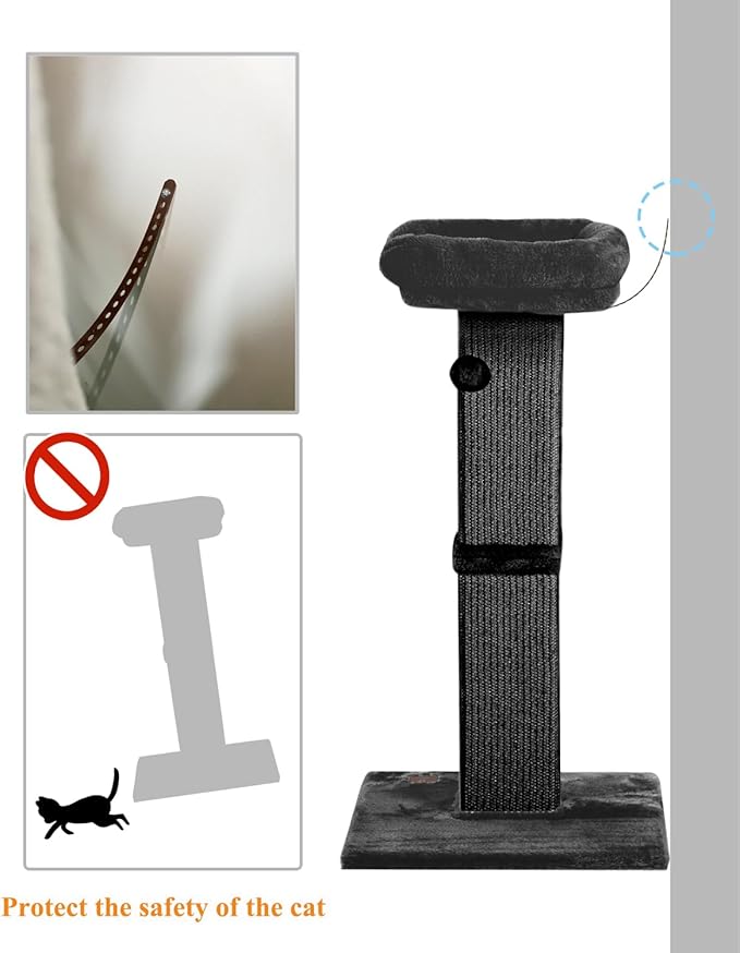32" Cat Scratching Post for Indoor Cats, Sisal Cat Scratcher with Plush Perch, Large Scratch Post with Bed, Removable Cover, Sisal Fabric,Black - PAWPICO