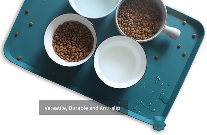 Hoki Found L Silicone Pet Food Mats Tray - Non Slip Pet Dog Cat Bowl Mats Placemat - Dog Pet Cat Feeding Mat - Waterproof Dog Cat Food Mats -Pet Water Mats for Carpet - Sicilian Ocean - PAWPICO