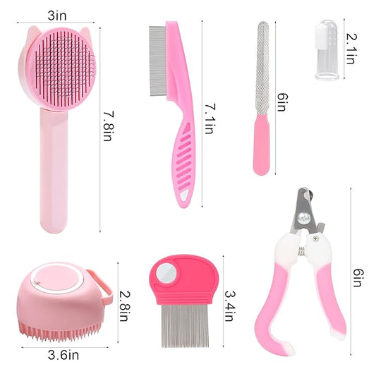 VCZONE 8 Pcs Cat Brush Grooming Kits, Pet Self Cleaning Kit with Pet Nail Clipper and File, Flea Comb, Pet Shampoo Bath Brush, Pet Shedding Brush, Silicone Toothbrush (Pink) - PAWPICO