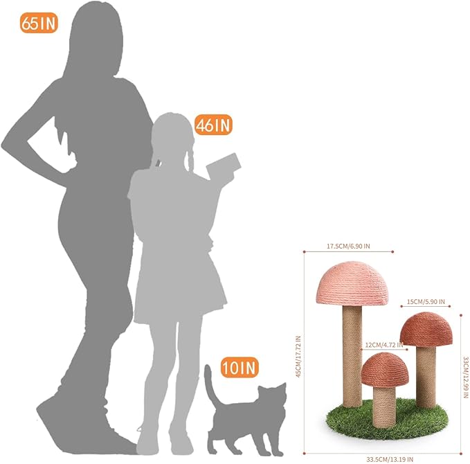 PowerKing Cat Scratching Post, Mushroom Claw Scratching Post for Cat, Natural Sisal Cat Scratchers with 3 Mushroom Pole, Cat Interactive Toys - PAWPICO