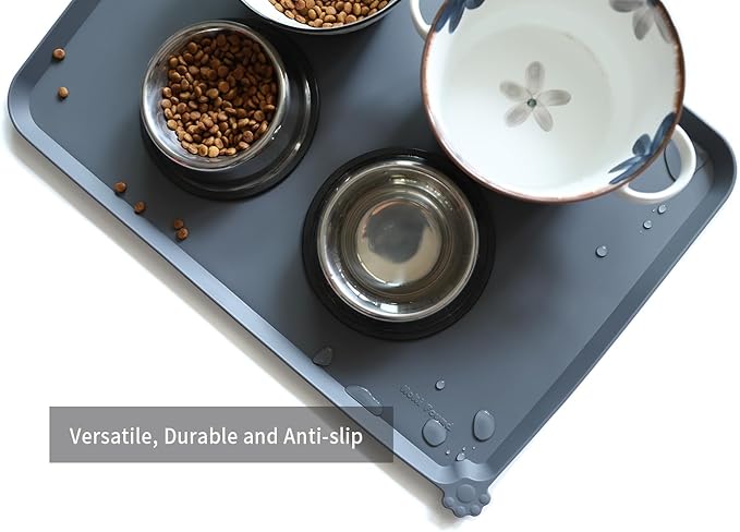 Hoki Found Large Silicone Pet Feeding Tray - Waterproof Dog Pet Cat Feeding Mat - Non Slip Pet Dog Cat Food Bowl Mats Placemat -Pet Water Mats for Carpet -Gray - PAWPICO