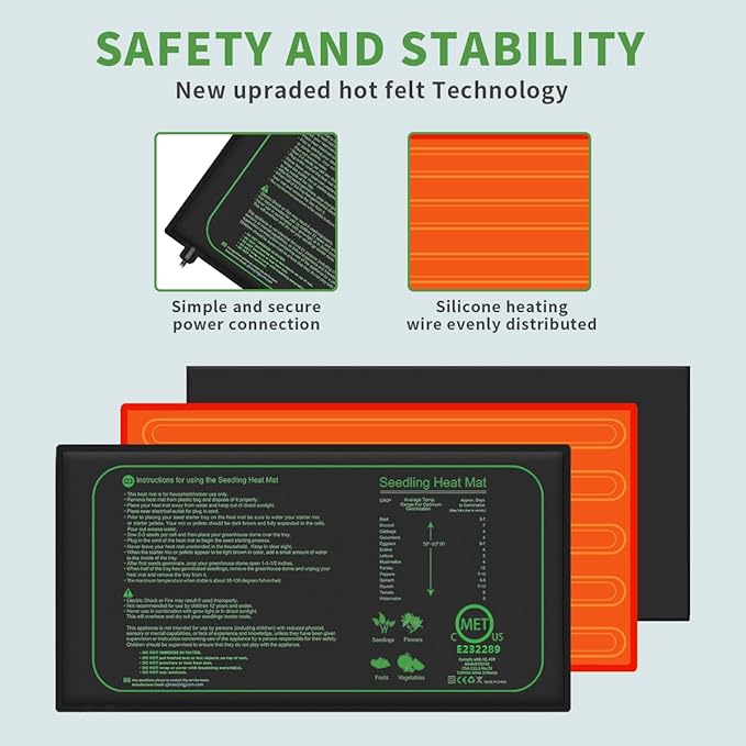 2 Pack Seedling Heat Mat for Seed Starting, 10" x 20.75" 21W Waterproof Heating Pad for Indoor Tray Plants,Safe & Durable Warm Mats for Hydroponics Germination Higoro