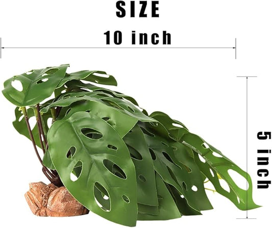 Reptile Plants for Terrarium, Ball Python Tank Decor Accessories fit Bearded Dragon Crested Leopard Gecko Lizard Chameleon Snake Frog Tortoise Hermit Crab - Fake Swiss Cheese Plants WOLEDOE